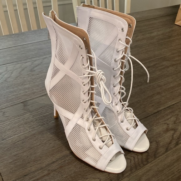 NWT BURJU Xiomara Open Toe Cross Design Fishnet Mesh Ankle Boots | White 12 - Picture 10 of 11